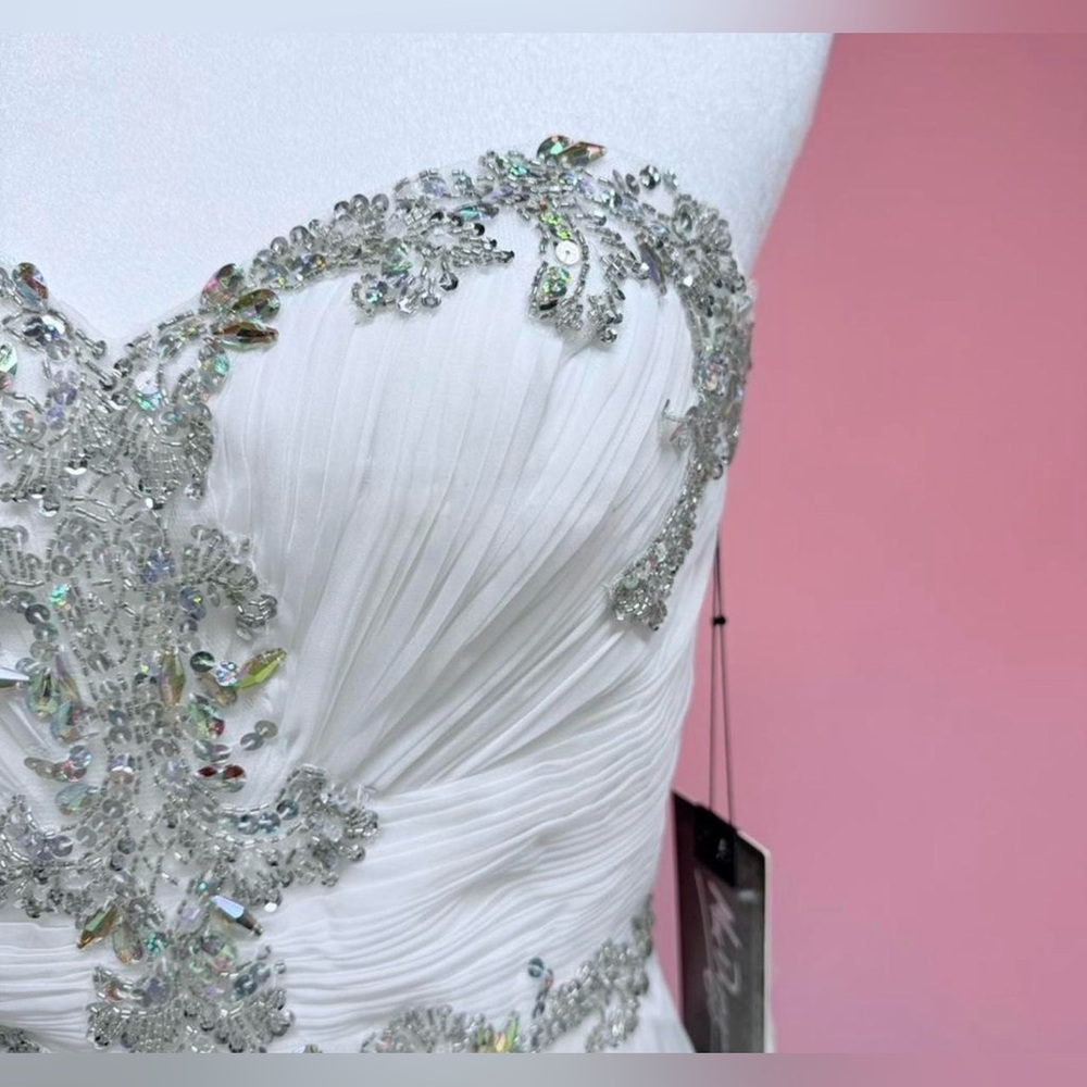 Mac Duggal White Strapless Dress with Silver Embellishments